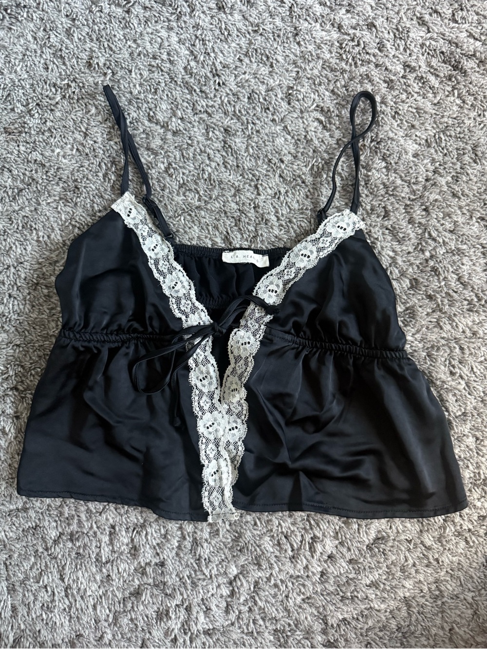 Black Satin Top with White Lace Trim